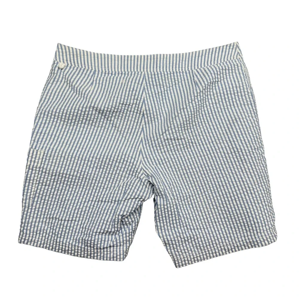 J. Crew Board Shorts Mens 33 Blue Seersucker Striped Swim Trunks Draw String EUC